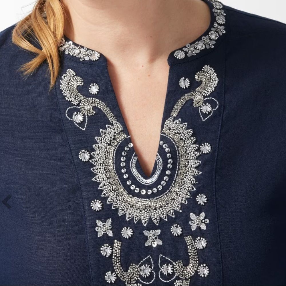 Chico’s Linen Embellished Navy Tunic Dress Classic Navy 4‎ NWT in packaging - Picture 4 of 8